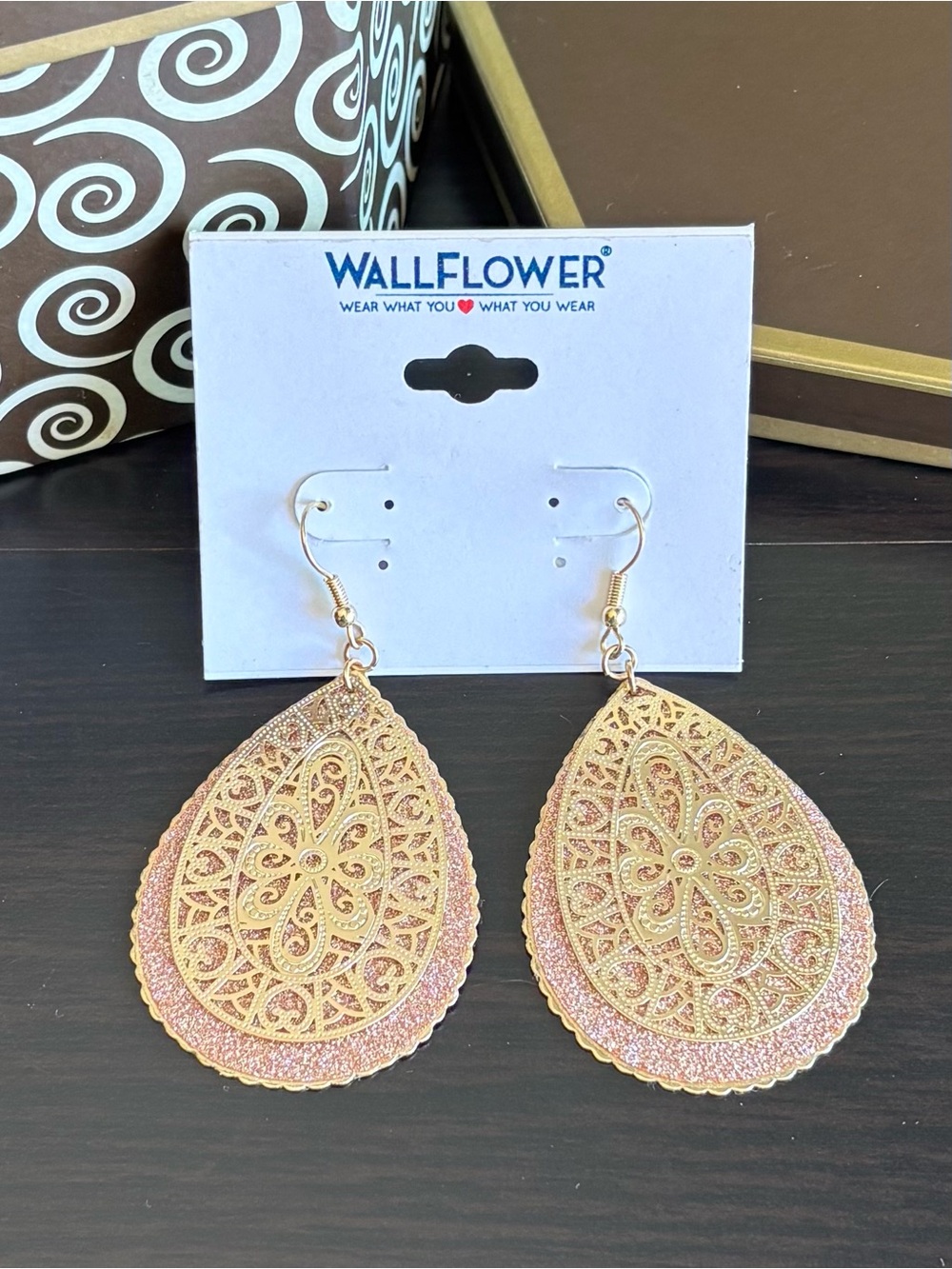 Wallflower Pink Gold Teardrop Filigree Dangle Earrings